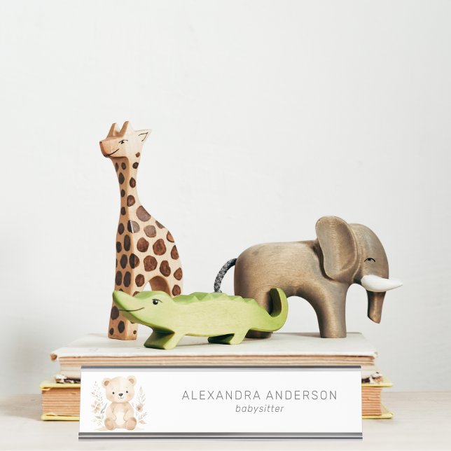 Placa De Mesa Babysitter de Aquarela de Urso-de-Ferro-Jufo (Cute Boho Bear Watercolor Babysitter Desk Name Plate)