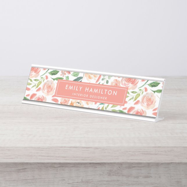 Placa De Mesa Blush e Peach Floral | Personalizado (Frente)