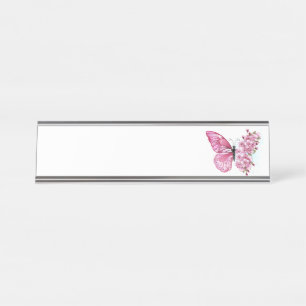 Placa De Mesa Borboleta Flor com Sakura Rosa