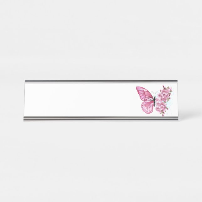Placa De Mesa Borboleta Flor com Sakura Rosa (Frente)