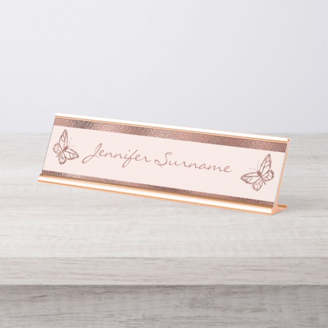 Placa De Mesa Borboletas e Texto Personalizado com Aparência de  (Frente)
