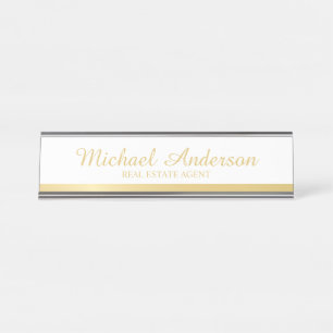 Placa De Mesa Branco Elegante profissional e Dourado
