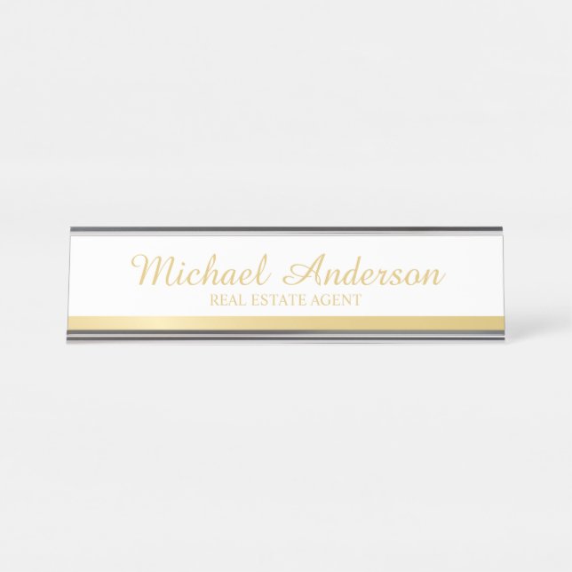 Placa De Mesa Branco Elegante profissional e Dourado (Frente)