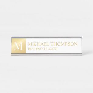 Placa De Mesa Branco Elegante profissional e Dourado
