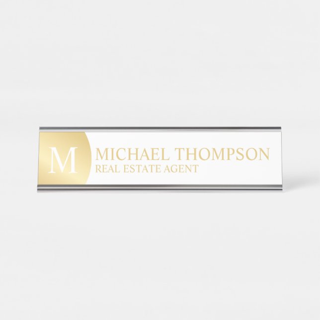 Placa De Mesa Branco Elegante profissional e Dourado (Frente)