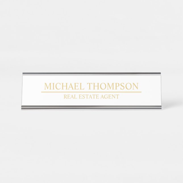 Placa De Mesa Branco Elegante profissional e Dourado (Frente)
