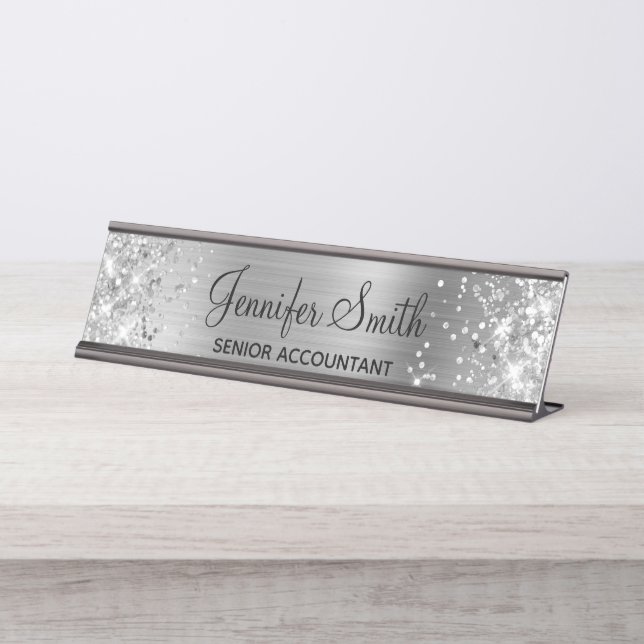 Placa De Mesa Brilho Falso Feminino Prateado (Frente)