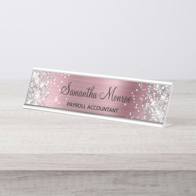 Placa De Mesa Brilho Prateado Rosa Pálido Folha (Frente)