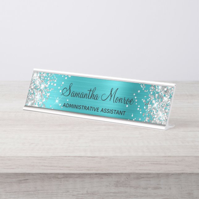 Placa De Mesa Brilho Prateado Turquesa Azul Folha (Frente)