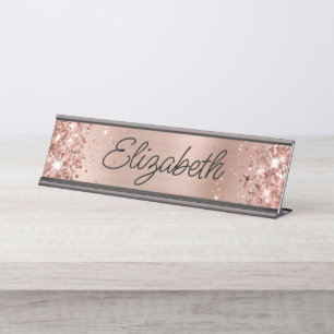 Placa De Mesa Brilho Rosa Dourado Folha Monoline Script