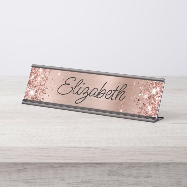 Placa De Mesa Brilho Rosa Dourado Folha Monoline Script (Frente)