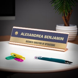 Placa De Mesa Business Employee Logo Gold Blue Modern Custom