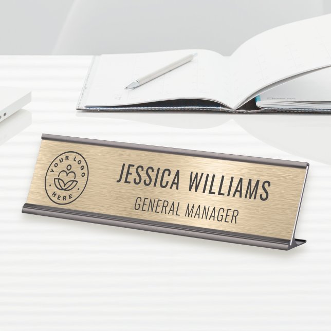 Placa De Mesa Business Logo Employee Elegant Faux Brushed Gold (Criador carregado)