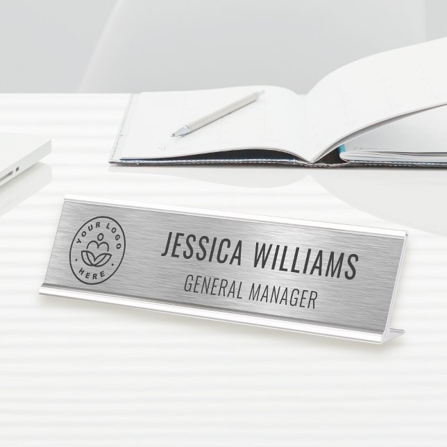 Placa De Mesa Business Logo Employee Elegant Faux Brushed Silver (Criador carregado)