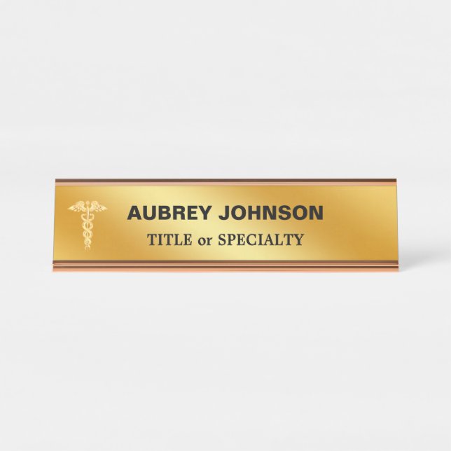 Placa De Mesa Caduceu Dourado Elegante em Gradiente Dourado (Frente)
