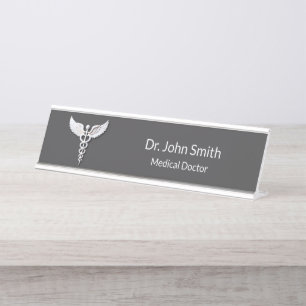 Placa De Mesa Caduceus Antracite Detalhado Branco Limpo Médico