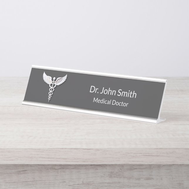 Placa De Mesa Caduceus Antracite Detalhado Branco Limpo Médico (Frente)