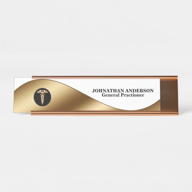 Placa De Mesa Caduceus Gold Black Médicos nomeiam desktop (Frente)