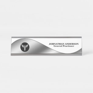 Placa De Mesa Caduceus prata preta desktop nome médico cirurgi