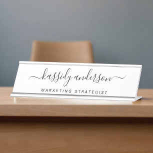 Placa De Mesa Caligrafia com Nome Personalizado em Branco Elegan
