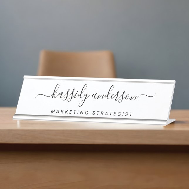 Placa De Mesa Caligrafia com Nome Personalizado em Branco Elegan (Elegant White Personalized Name Script Calligraphy Desk Name Plate)