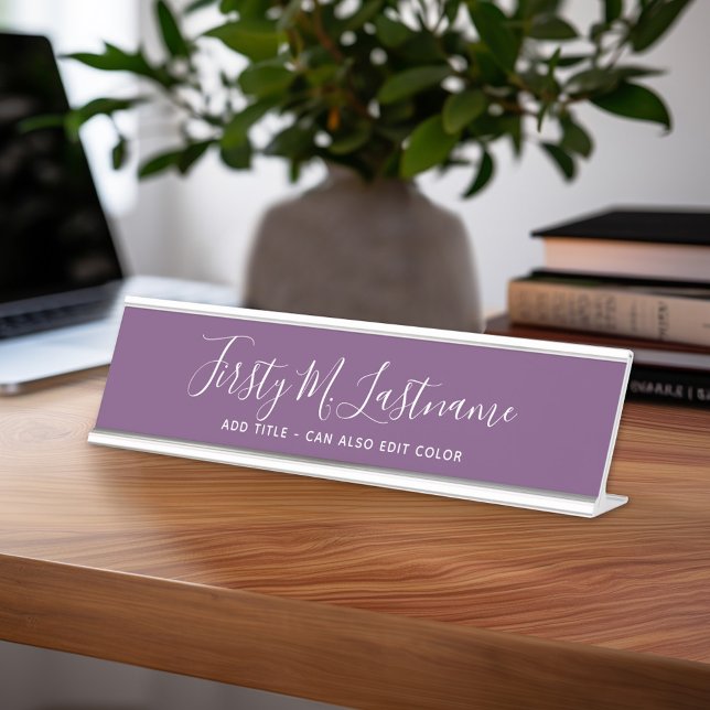Placa De Mesa Caligrafia de Nome e Título - CAN EDITAR COR roxa (Personalized Desk Sign with Name and Title - Custom Executive Name Plate)