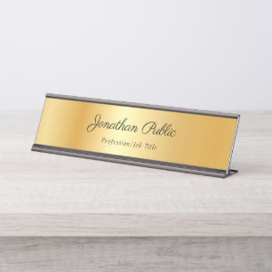 Placa De Mesa Caligrafia Elegante Texto Nome Moderno Dourado Mod