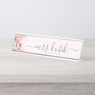 Placa De Mesa Cherry Blossom Rosa Dourado Professor Chapa