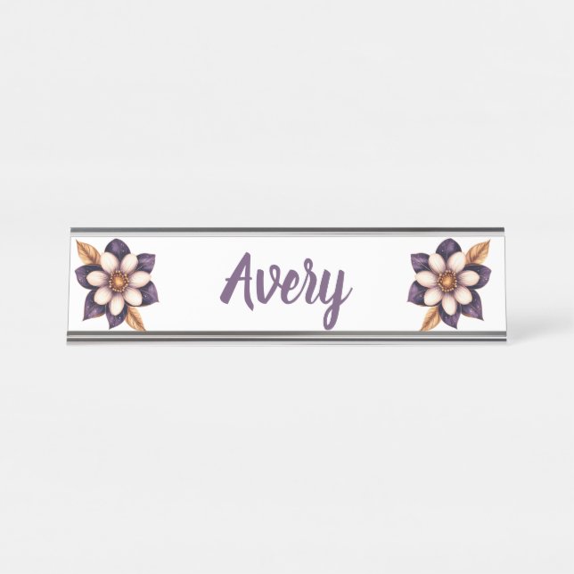 Placa De Mesa Chic Purple Cream Nome Floral (Frente)