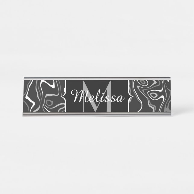 Placa De Mesa Cinza branca preta damascus abstrato swirls Monogr (Frente)