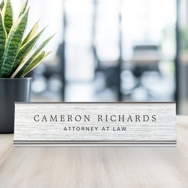 Placa De Mesa Cinza clara, pasta de madeira, denominação e títul (Light gray faux wood grain name and title template desk name plate)
