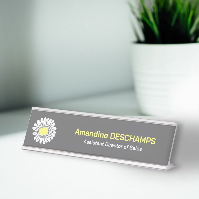 Placa De Mesa Cinza de Flor de Margarida Botânica (Botanical Daisy Flower Gray Desk Name Plate)