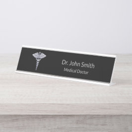 Placa De Mesa Clássico Caduceus Silver em Preto