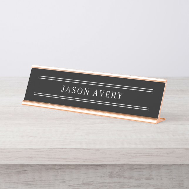 Placa De Mesa Clássico Simples Preto e Branco com Dupla Linha (Frente)