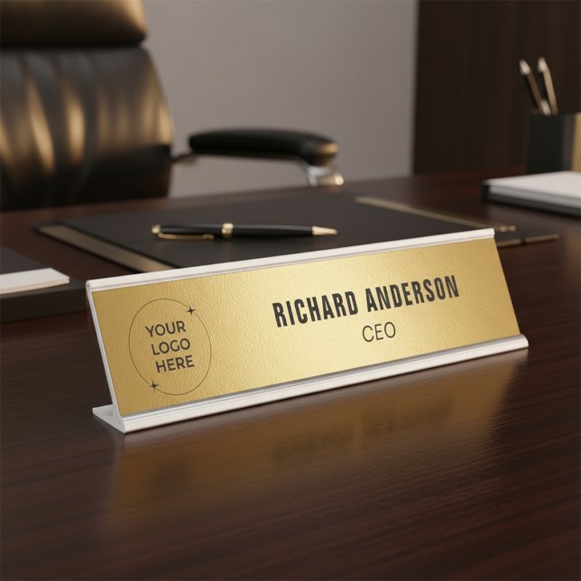 Placa De Mesa Company Logo Name Title Modern Gold Texture (Criador carregado)