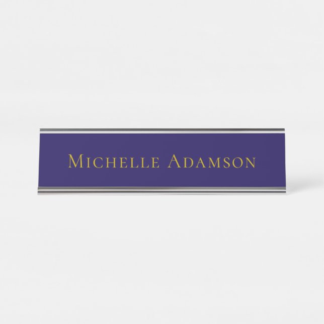 Placa De Mesa Cor Profissional Moderno Simples Azul & Dourado (Frente)