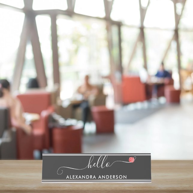Placa De Mesa Coração de Olá com Script Moderno Mínimo (Minimal Modern Script Hello Heart Desk Name Plate)