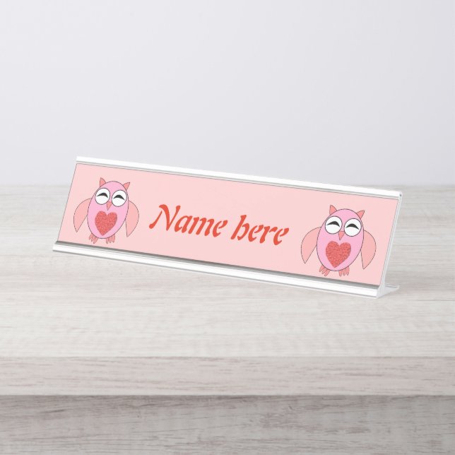Placa De Mesa Coruja de Coração de Amor Rosa (Frente)