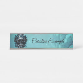 Placa De Mesa Crânio azul escuro com rosas.