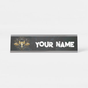 Placa De Mesa Crânio de Pássaro Dourado sobre fundo Preto