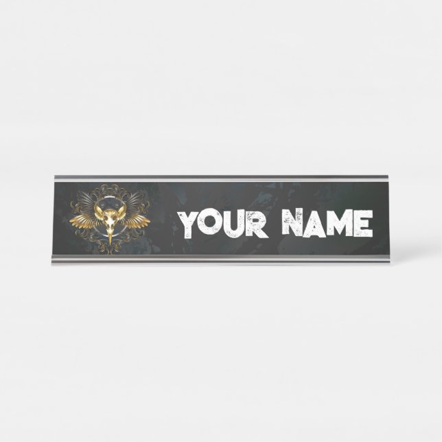 Placa De Mesa Crânio de Pássaro Dourado sobre fundo Preto (Frente)