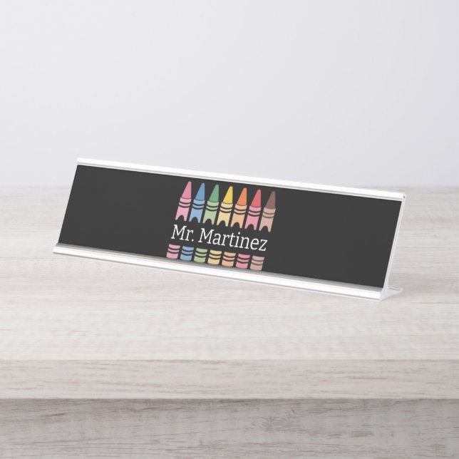 Placa De Mesa Crayon Personalizado Nome do Professor Fofo Volta  (Frente)