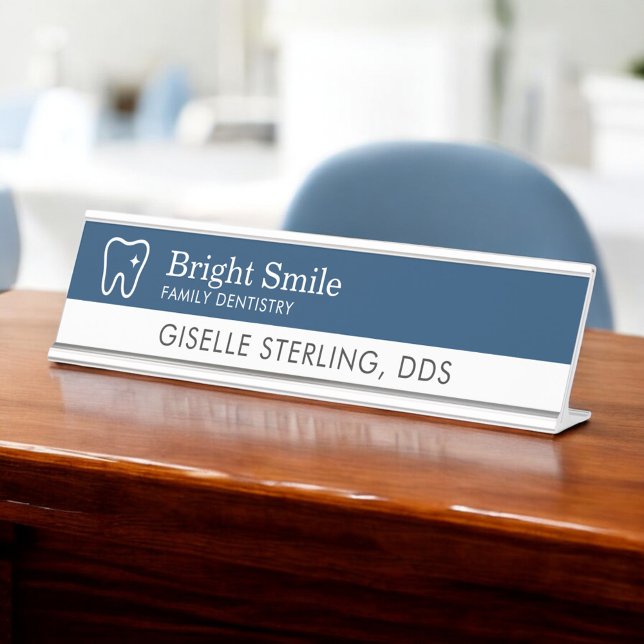 Placa De Mesa Dentist Tooth Logo Navy Blue Modern Office (Criador carregado)