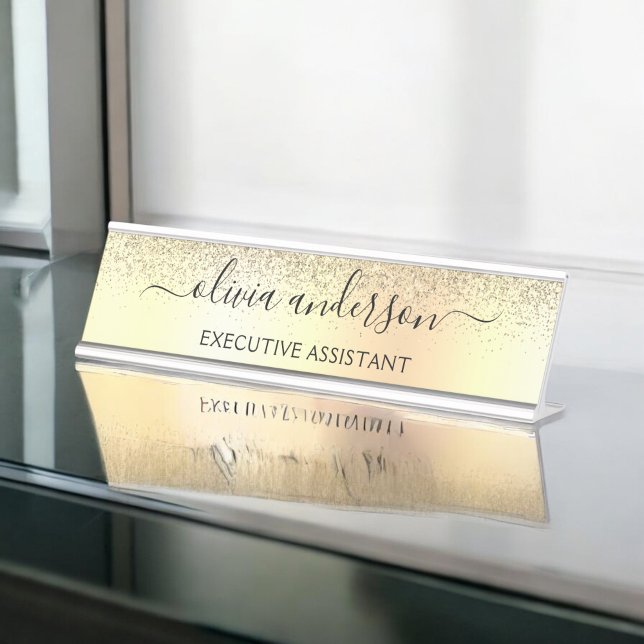 Placa De Mesa Dourada Glitter Girly Luxury Moderno Monograma Nom (Criador carregado)