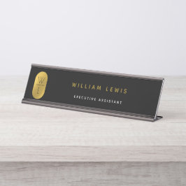 Placa De Mesa Dourado e preto Monograma moderno minimalista