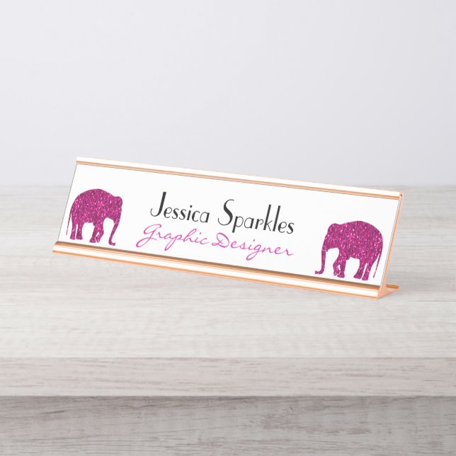 Placa De Mesa Elefante rosa-quente cintilante brilha seu nome (Frente)
