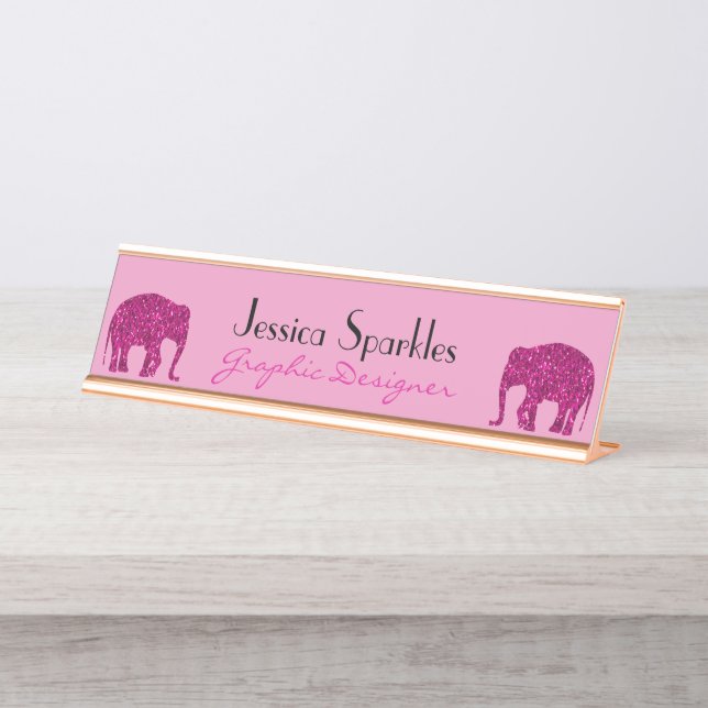 Placa De Mesa Elefante rosa-quente cintilante brilha seu nome (Frente)