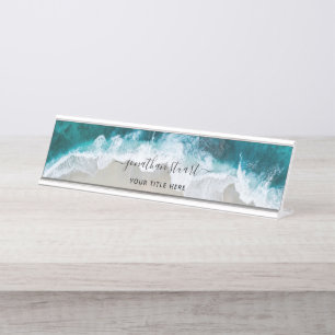 Placa De Mesa Elegante Aqua Blue Beach Script