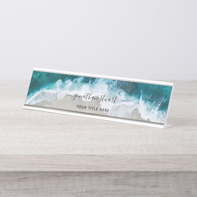 Placa De Mesa Elegante Aqua Blue Beach Script (Frente)