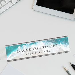 Placa De Mesa Elegante Aqua Blue Beach Script